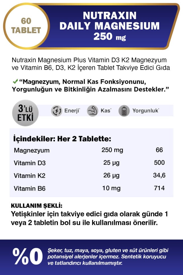 Nutraxin Magnezyum Daily 250 Mg 60 Tablet - Magnesium, D3, K2, B6