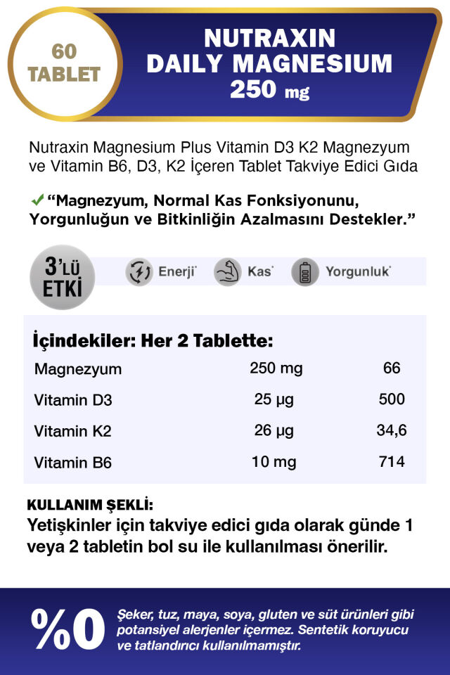 Nutraxin Magnezyum Daily 250 Mg 60 Tablet - Magnesium, D3, K2, B6