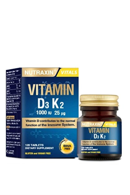 Nutraxin D3K2 120 Tablet - 1000 IU D3 vitamini, 25 mcg K2 vitamini
