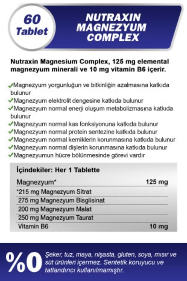Nutraxin Magnezyum Complex 60 Tablet 250 Mg - Bisiglinat - Taurat - Malat - Sitrat - B6