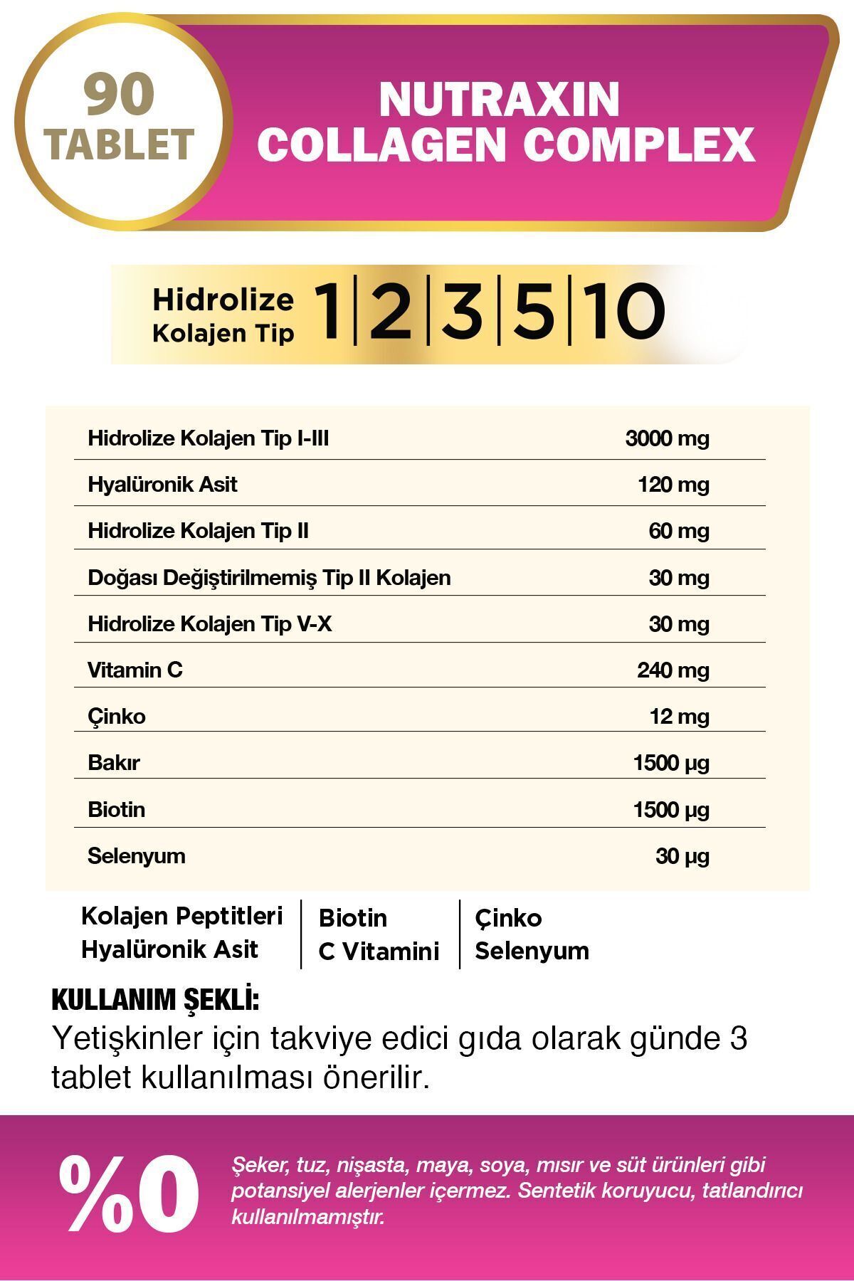 Nutraxin Collagen Beauty Complex 90 Tbl - Hidrolize Tip 1, 2, 3, 5, 10, Biotin, Zinc, Bakır, Hya,