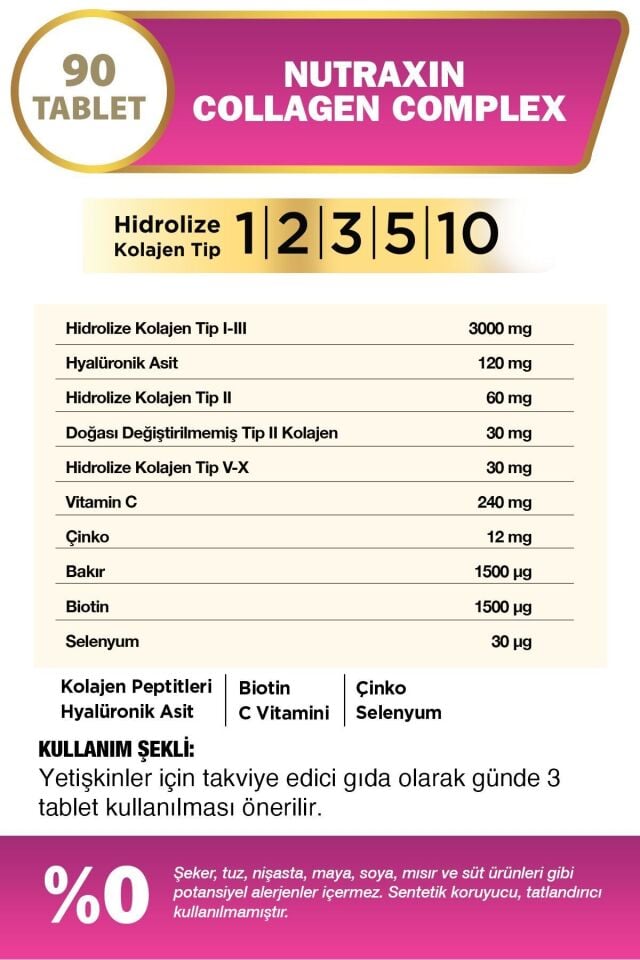 Nutraxin Collagen Beauty Complex 90 Tbl - Hidrolize Tip 1, 2, 3, 5, 10, Biotin, Zinc, Bakır, Hya,