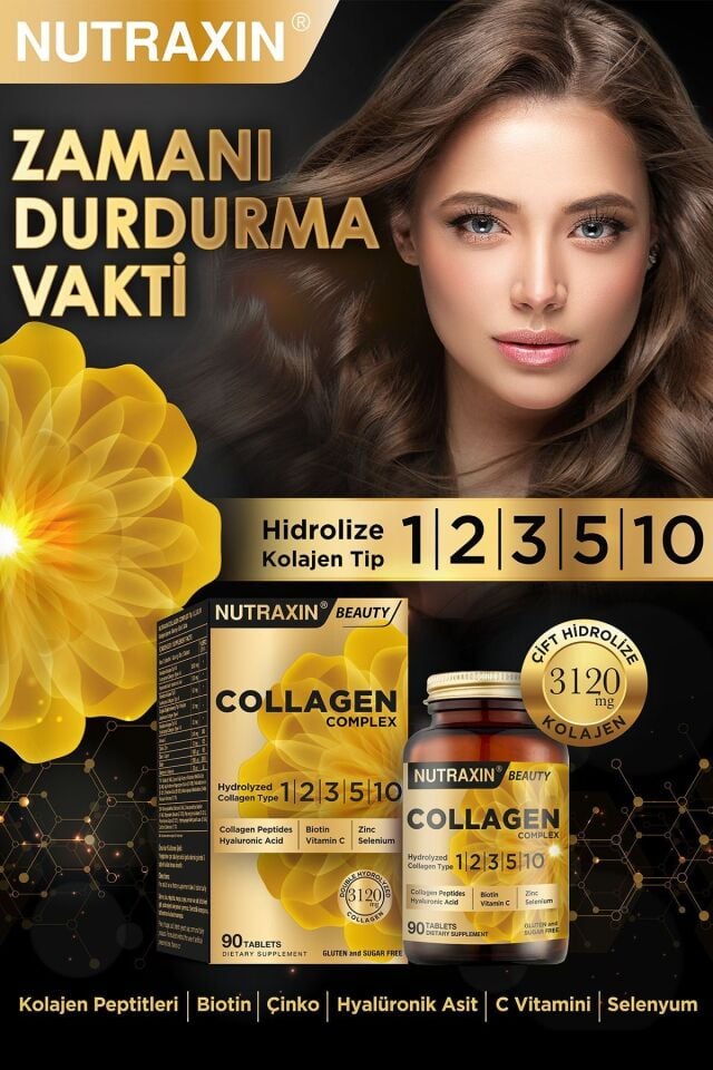 Nutraxin Collagen Beauty Complex 90 Tbl - Hidrolize Tip 1, 2, 3, 5, 10, Biotin, Zinc, Bakır, Hya,