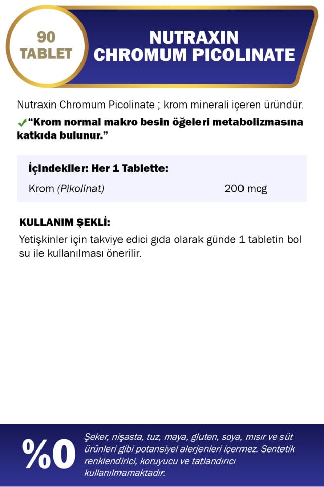 Nutraxin Chromium Picolinate 200 Mcg 90 Tablet Krom Takviyesi