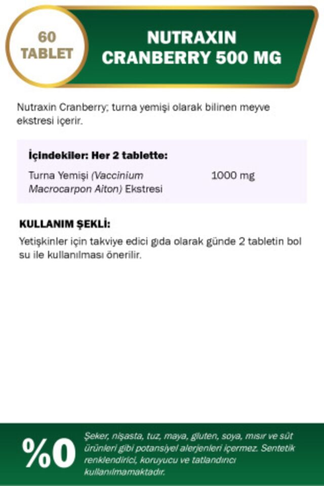 Nutraxin Cranberry - Turna Yemişi 500 Mg 60 Tablet