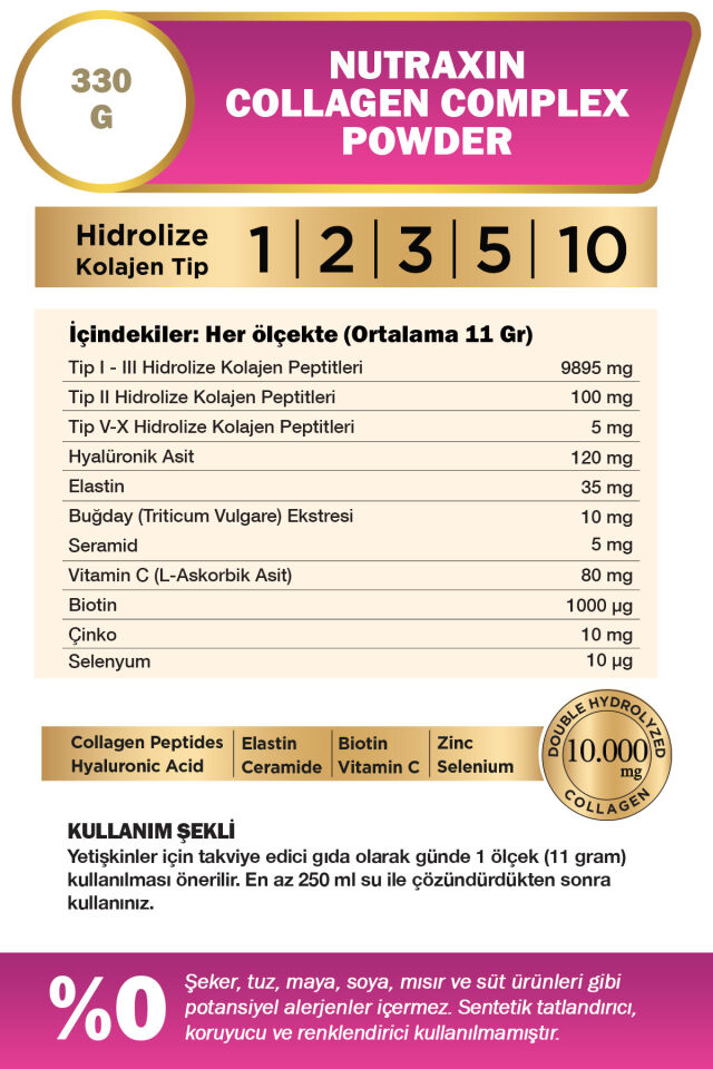 Nutraxin Collagen Complex Powder 330 gr - Tip 1,2,3,5,10 Kolajen, Hyalüronik Asit, Selenyum, Seramid