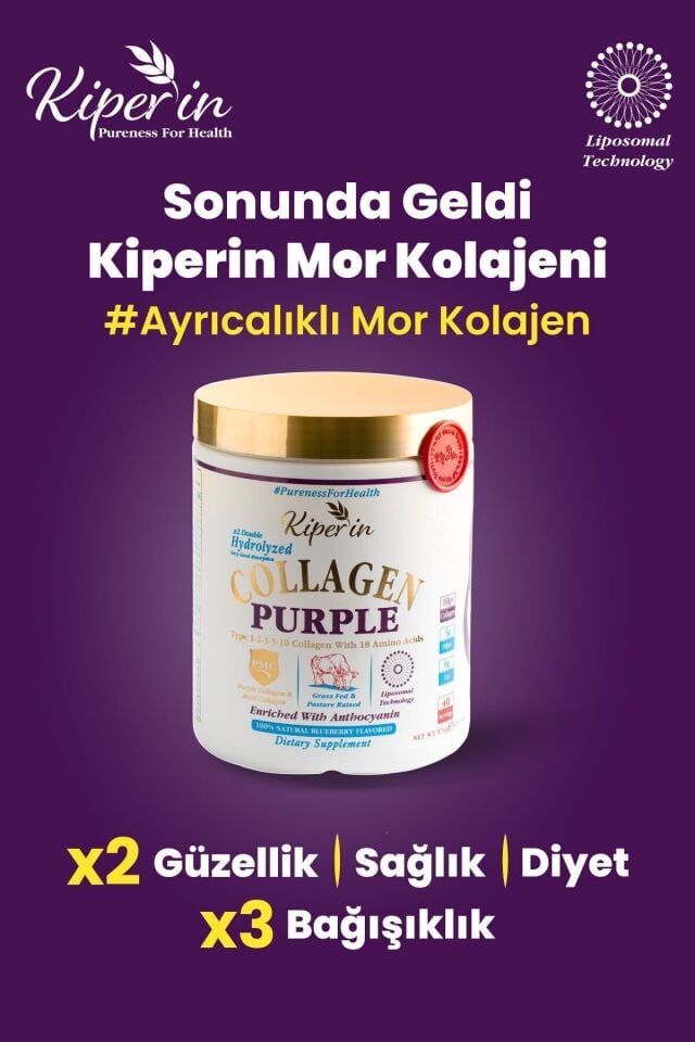 Kiperin Collagen %100 Saf ve Doğal Mor & Çoklu Kolajen Peptitleri içeren Lipozomal Teknoloji Diyet Takviyesi (576gr)