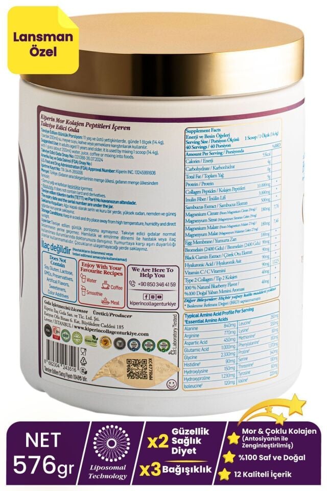 Kiperin Collagen %100 Saf ve Doğal Mor & Çoklu Kolajen Peptitleri içeren Lipozomal Teknoloji Diyet Takviyesi (576gr)