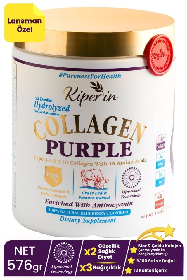 Kiperin Collagen %100 Saf ve Doğal Mor & Çoklu Kolajen Peptitleri içeren Lipozomal Teknoloji Diyet Takviyesi (576gr)