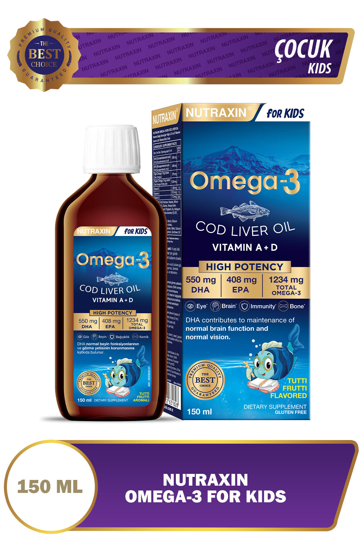 Nutraxin Omega 3 Balık Yağı 150 Ml Tutti Frutti Cod Liver - DHA 550 Mg EPA 408 Mg