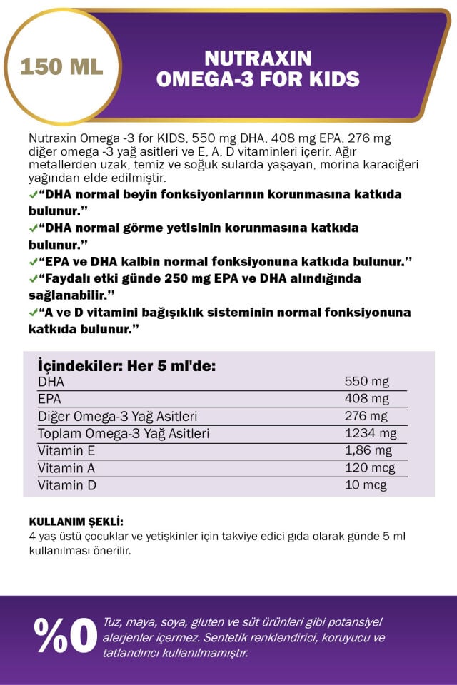 Nutraxin Omega 3 Balık Yağı 150 Ml Tutti Frutti Cod Liver - DHA 550 Mg EPA 408 Mg