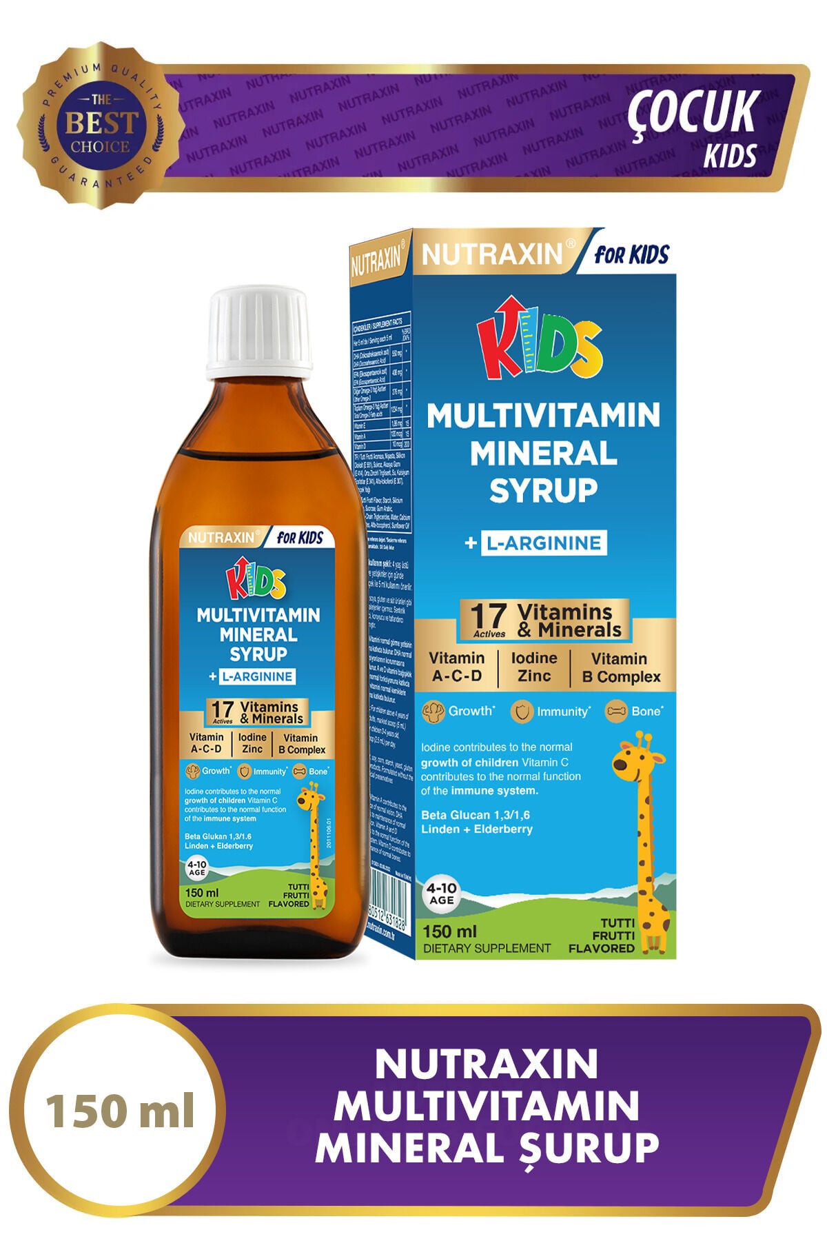 Nutraxin Kids Multivitamin Mineral Şurup 150 Ml - L-Arjinin, Beta-Karoten, Beta Glukan, Kara Mürver - Çocuk