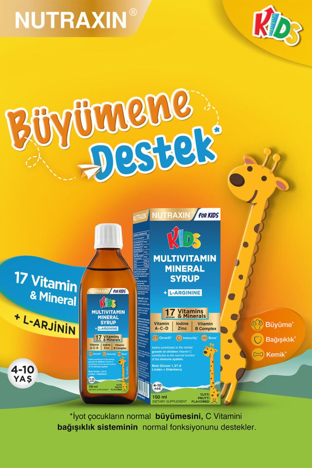 Nutraxin Kids Multivitamin Mineral Şurup 150 Ml - L-Arjinin, Beta-Karoten, Beta Glukan, Kara Mürver - Çocuk