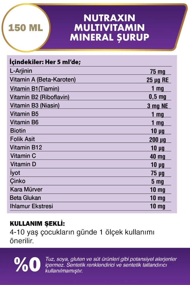Nutraxin Kids Multivitamin Mineral Şurup 150 Ml - L-Arjinin, Beta-Karoten, Beta Glukan, Kara Mürver - Çocuk