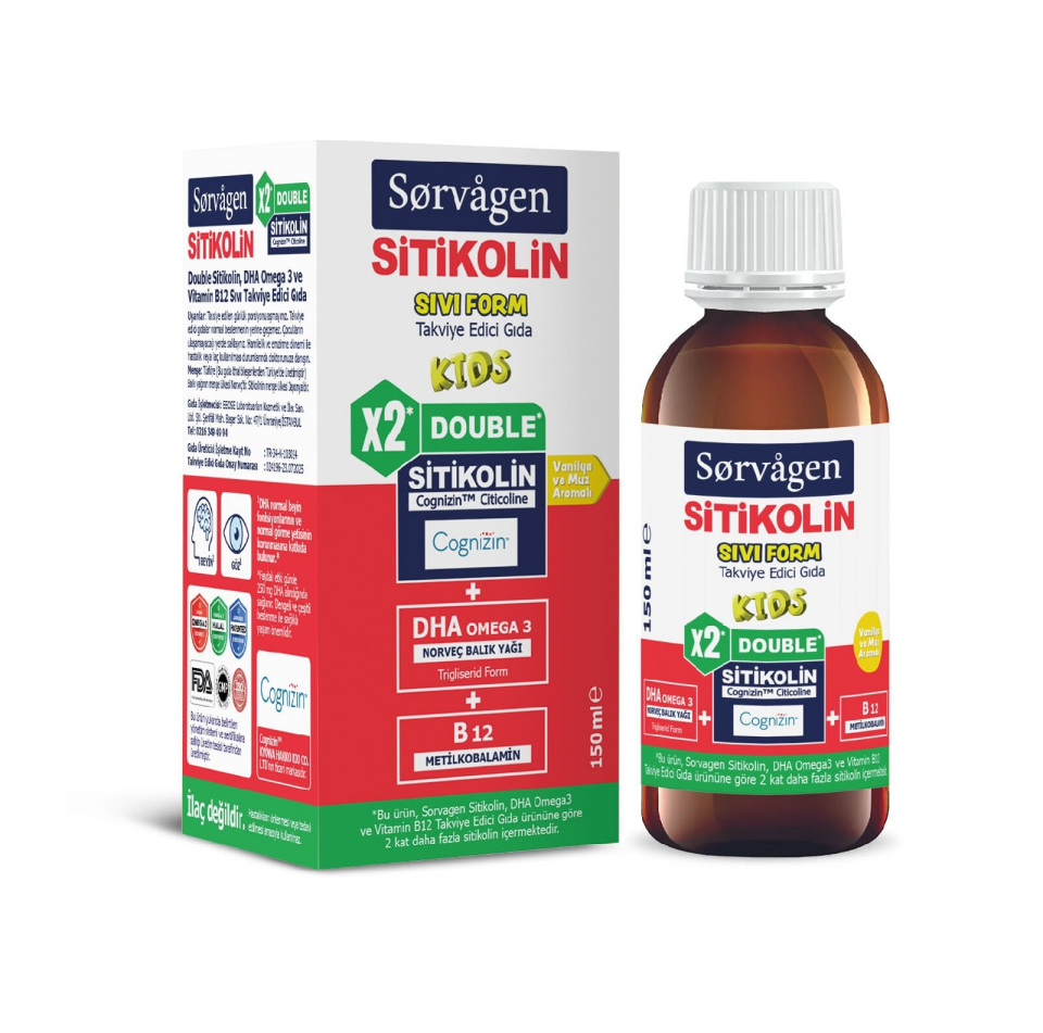Sorvagen Double Sitikolin Sıvı Form-Sitikolin DHA Omega 3 ve B12 150 ml
