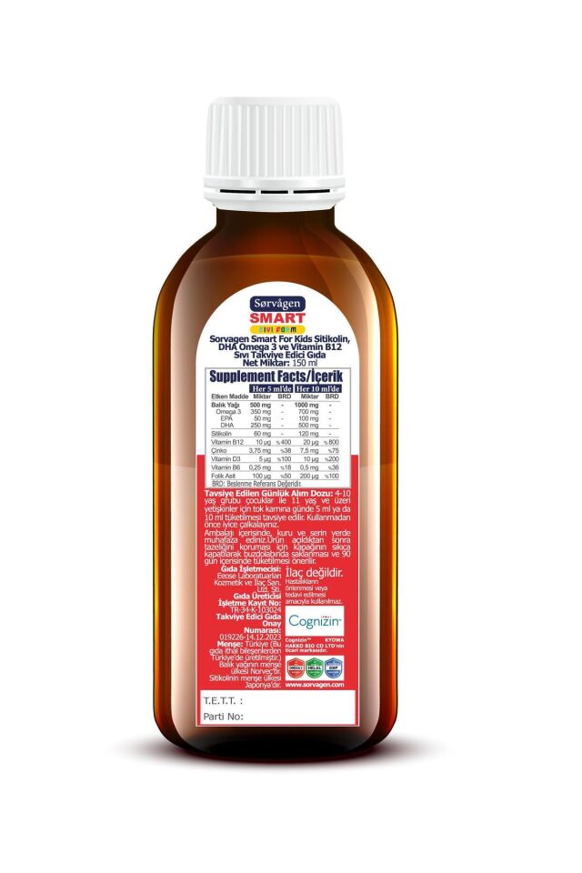 Sorvagen Smart Kids Sıvı Form - Sitikolin DHA Omega 3 Norveç Balık Yağı ve B12 - 150 ml