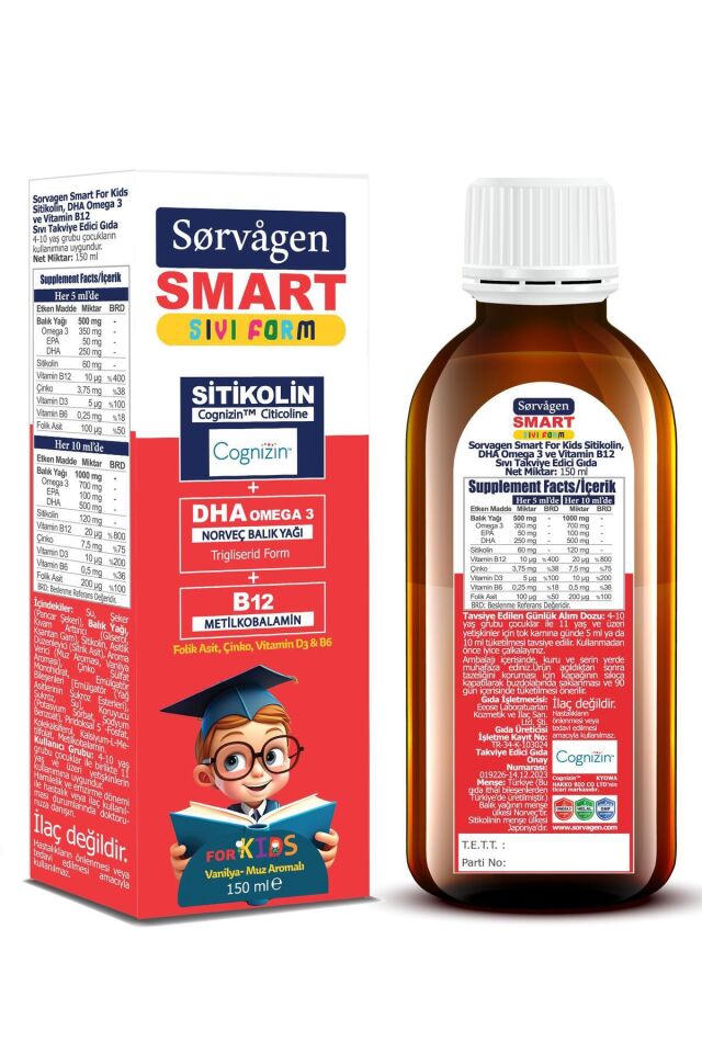 Sorvagen Smart Kids Sıvı Form - Sitikolin DHA Omega 3 Norveç Balık Yağı ve B12 - 150 ml