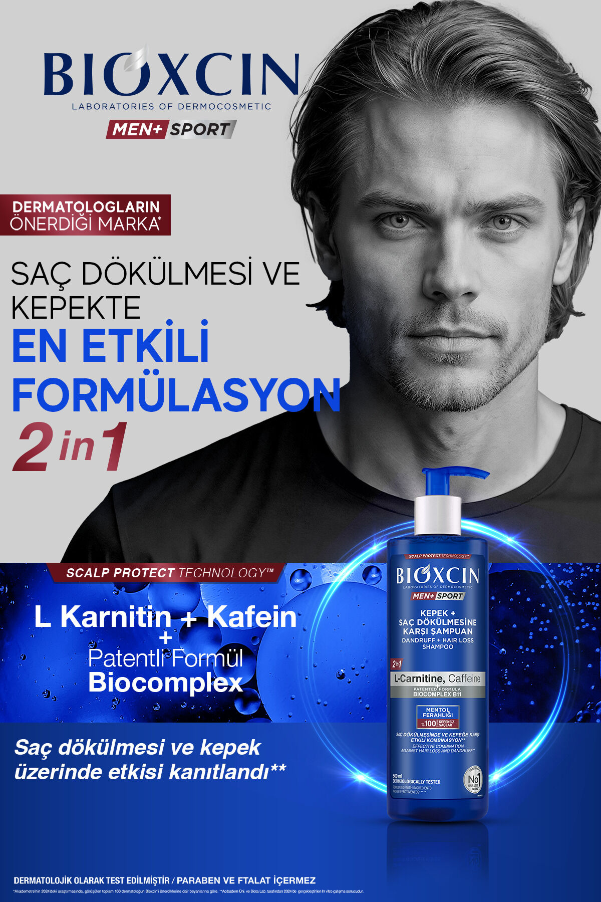 Bioxcin Kepek Önleyici  Saç Dökülmesine Karşı Şampuan 500Ml - L-Carnitine, Kafein, Biocomplexb11, Men Sport