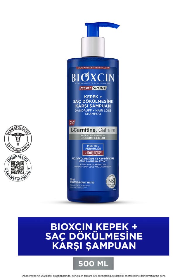 Bioxcin Kepek Önleyici  Saç Dökülmesine Karşı Şampuan 500Ml - L-Carnitine, Kafein, Biocomplexb11, Men Sport