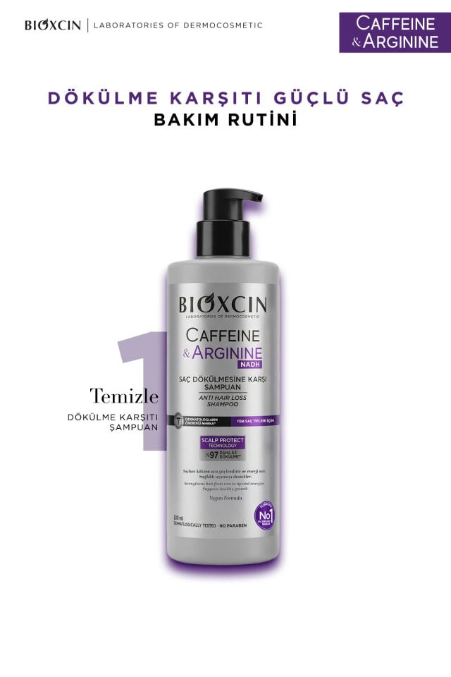 Bioxcin Caffeine & Arginine Şampuan 500 ml – Saç Dökülmesine Karşı Bakım • Tüm Saç Tipleri Kafein, Arjinin