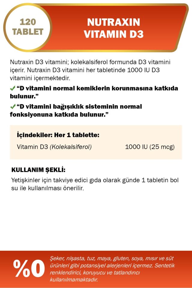 Nutraxin D3 Vitamini 120 Tablet- Vitamin Ve Mineral Takviyesi