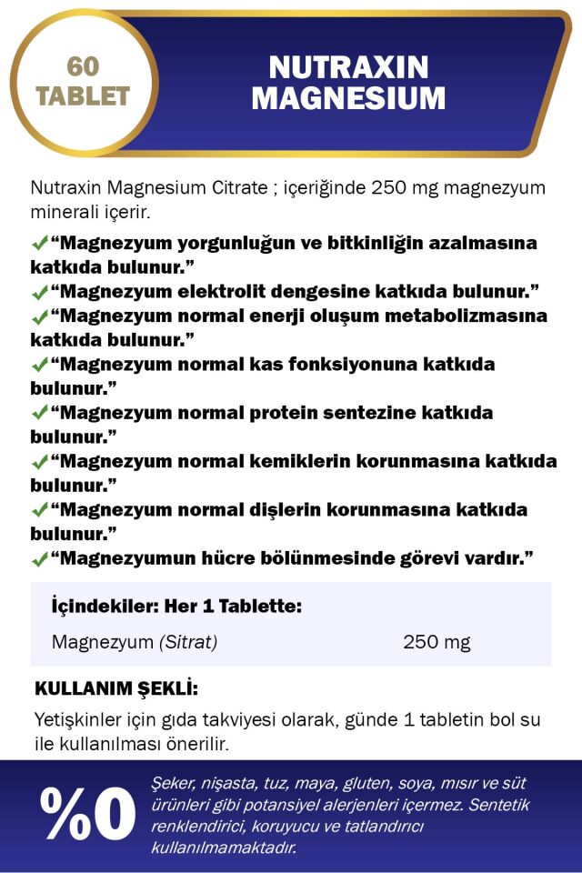 Nutraxin Magnesium Citrate - Magnezyum Takviyesi 250 Mg