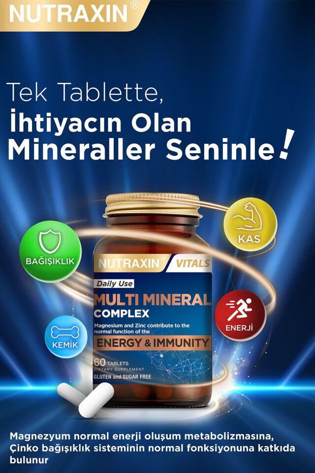 Nutraxin Multivitamin Mineral Immune Complex 60 Tbl - Magnezyum, C, D, Zinc, Demir, B12, Kolin, İyot