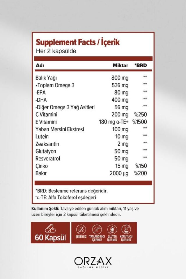 Ocean Ocean Vision Omega 3 + EPA & DHA, Lutein, Zeaksantin, Resveratrol, Glutatyon, C Vitamini, Çinko 60 Kapsül