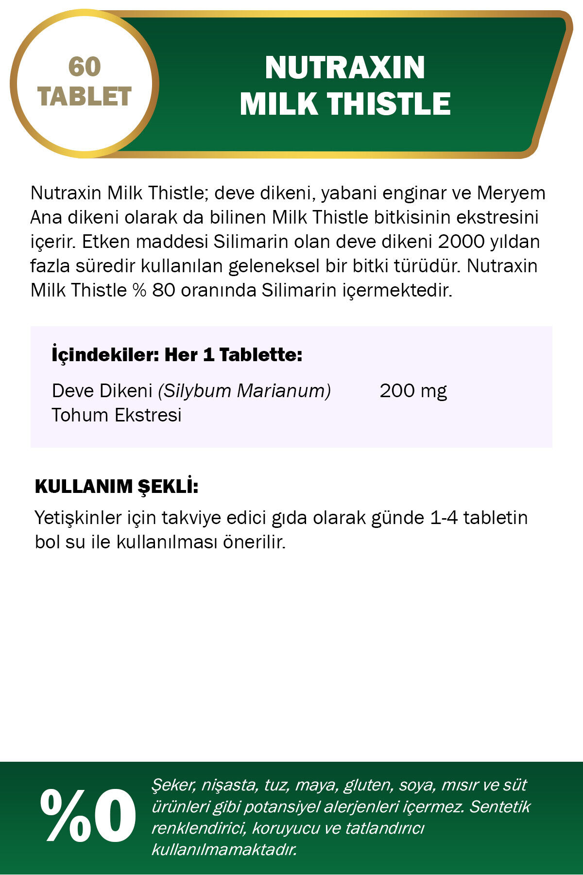 Nutraxin Milk Thistle - Deve Dikeni Gıda Takviyesi 200 Mg 60 Tablet
