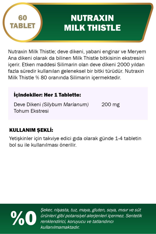 Nutraxin Milk Thistle - Deve Dikeni Gıda Takviyesi 200 Mg 60 Tablet