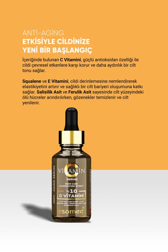 Esomed Kırışıklık Karşıtı C Vitamini Serum C VİT %10, SQUALENE, E VİT, SALİSİLİK ASİT, FERULİK ASİT %0,50